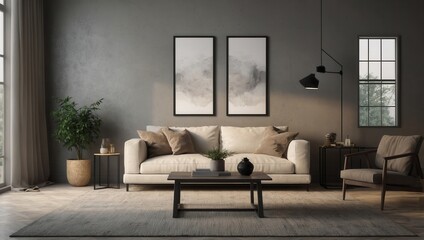 Neutral-colored living room with large sofa and minimalist design in contemporary setting