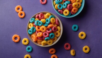 Fototapeta premium Two bowls of colorful Froot Loops cereal with scattered pieces on a neutral background