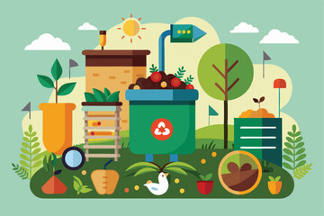 The illustration showcases a vibrant compost cycle with compost bins, plants, and organic materials for recycling, Customizable compost cycle illustration