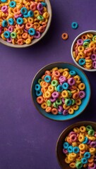 Fototapeta premium Three bowls filled with colorful cereal in a close-up view on a neutral background