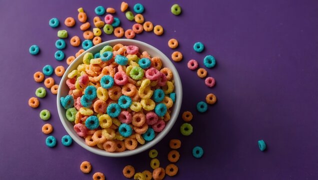 Bowl of colorful Froot Loops cereal with bright red, yellow, green, and blue pieces on a purple surface