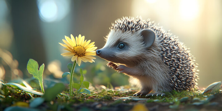 Cute hedgehog sniffing yellow flower