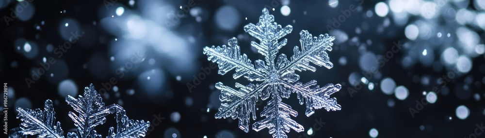 Poster a serene close-up of a snowflake against a dark background, showcasing intricate patterns and sparkl