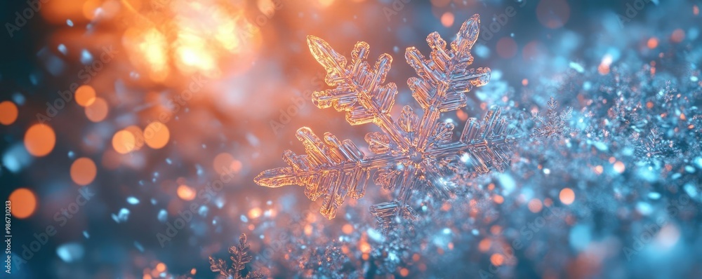 Poster a close-up view of a beautiful snowflake with sparkling details against a colorful background of ora