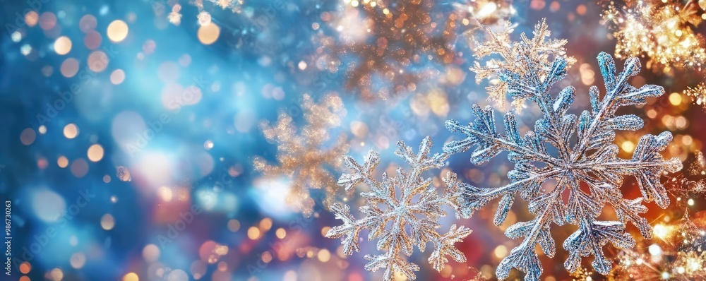 Aufkleber a beautiful winter scene with sparkling snowflakes and colorful bokeh lights creating a magical atmo