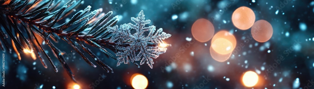 Poster a serene winter scene featuring a snowflake and pine branch with soft bokeh lights, perfect for holi