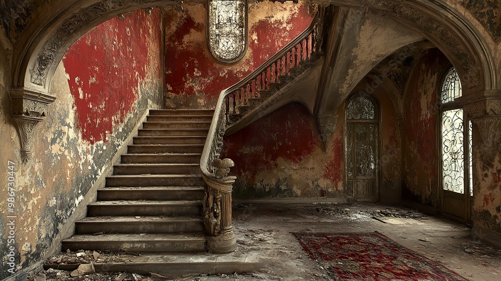 Sticker A Glimpse into Time: The Abandoned Staircase of a Grand Mansion