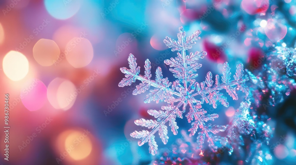 Poster a sparkling snowflake illuminated by colorful winter bokeh lights, creating a magical holiday atmosp
