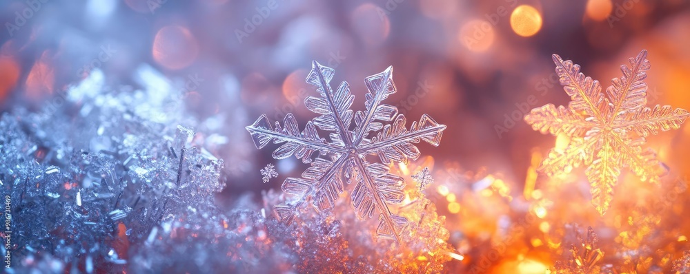 Poster a close-up image of delicate snowflakes showcasing intricate details against a shimmering backdrop o