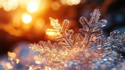 Close-up of a delicate snowflake glistening in warm sunlight, showcasing intricate patterns against a soft winter background.