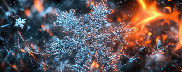 A stunning close-up view of a snowflake against a vibrant, colorful background, showcasing intricate ice crystals and shimmering details.