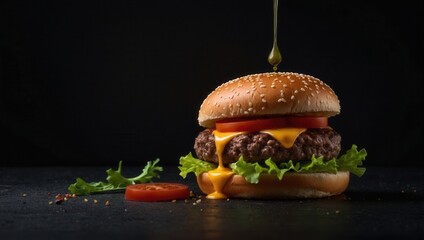 Close-up of two gourmet hamburgers with toppings