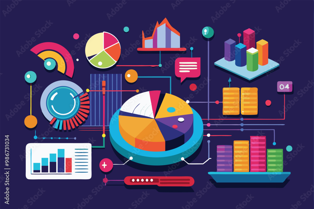 Poster a vibrant data illustration featuring pie charts, bar graphs, and analytics elements for customizabl