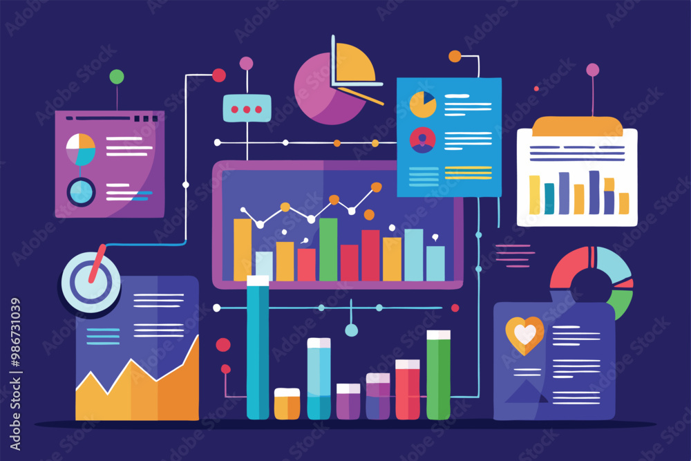 Poster colorful charts and graphs illustrate customizable data analysis with various design elements effect