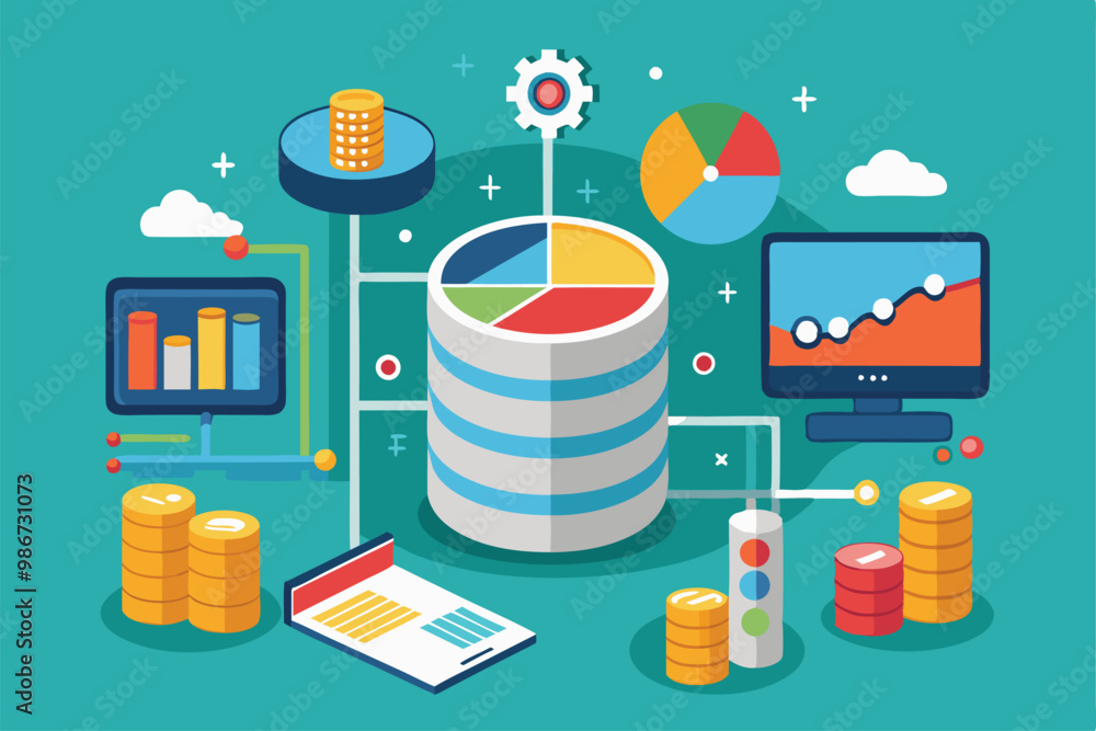 Poster a vibrant illustration showcases customizable data analytics tools featuring charts and graphs, cust
