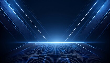 Fototapeta premium Abstract dark blue background with glowing lines and a bright light in the center.