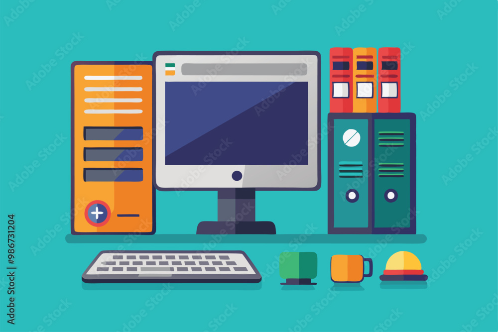 Aufkleber a vibrant desktop computer is arranged with colorful stationery and folders, creating an organized w