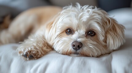 Relaxed Maltese Dog Lying on Soft Bed