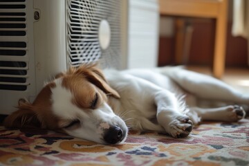 Obraz premium A white and brown dog sleeps on a patterned rug