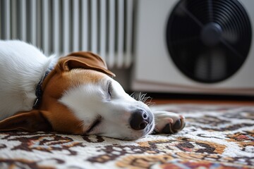Obraz premium A white and brown dog sleeps on a patterned rug