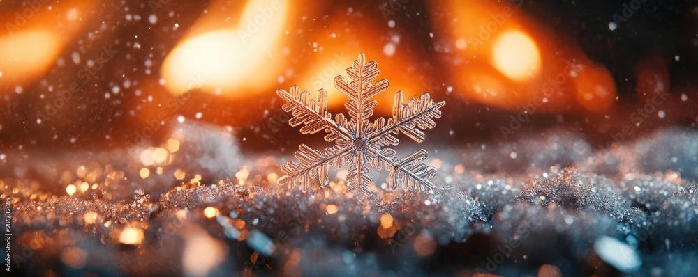 Poster a captivating snowflake on a sparkling surface, with warm flames glowing in the background, creating