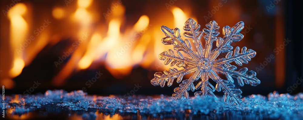 Poster a beautiful snowflake resting on icy ground, illuminated by warm firelight, creating a contrast betw