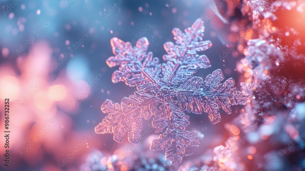Poster close-up of a delicate snowflake with intricate patterns, shimmering in soft, colorful light, creati