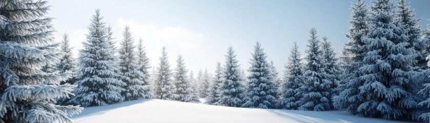 Fototapeta premium A serene winter landscape featuring snow-covered evergreens under a clear blue sky, creating a peaceful and picturesque ambiance.
