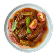 Tasty stew with okra, tomato sauce and basil isolated on white, top view