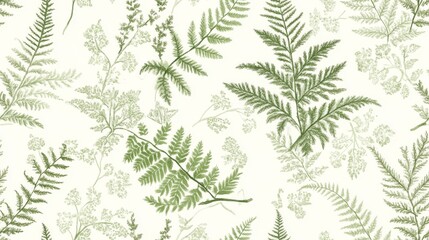 A seamless pattern of soft green fern leaves on a neutral off-white background and soft floral tones