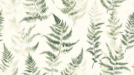 A seamless pattern of soft green fern leaves on a neutral off-white background and soft floral tones