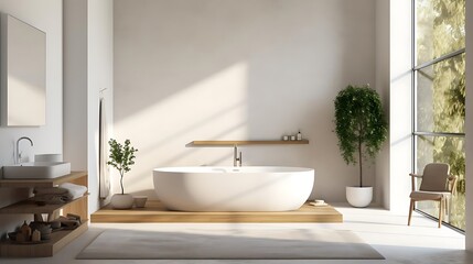 A modern bathroom featuring a freestanding tub, natural light, and minimalist decor.