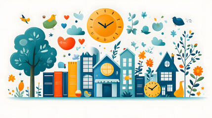 Vibrant illustration of a whimsical town with colorful buildings, trees, and cheerful elements like clocks and birds.