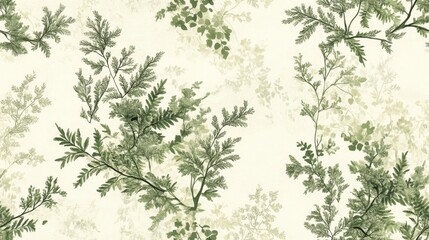 Fototapeta premium A seamless pattern of soft green fern leaves on a neutral off-white background and soft floral tones