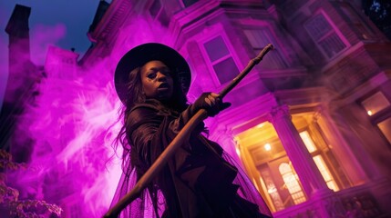 An African American woman dressed in a witch costume wields a staff amidst swirling purple fog in front of a haunted house, embodying a powerful Halloween scene. Halloween, spooky, haunted concept.