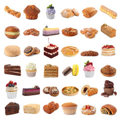 Different pastry isolated on white. Set of cakes, buns and other baked goods