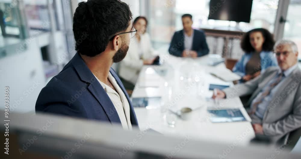 Poster Presentation, boardroom and man with smile, talking and ai to analyze, financial risk and data scientist. Speaker, pitching and ideas of automatic tasks, improvement and process of fraud detection
