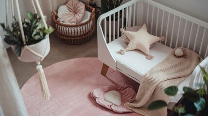 A Cozy and Charming Nursery Filled With Soft Textures and Gentle Colors for a Peaceful Baby Retreat. Generative AI