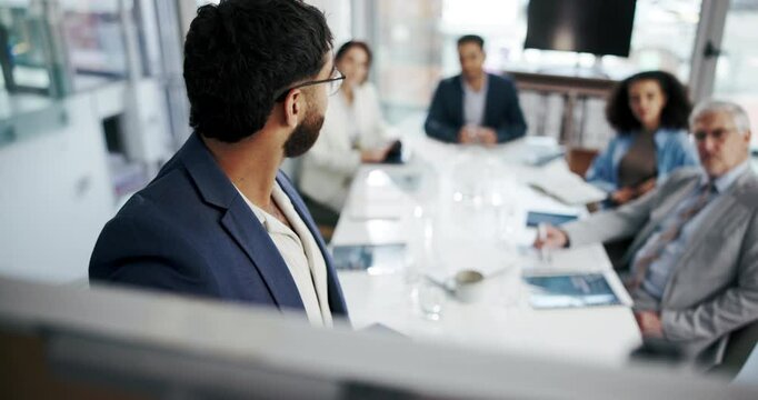 Presentation, boardroom and man with smile, talking and ai to analyze, financial risk and data scientist. Speaker, pitching and ideas of automatic tasks, improvement and process of fraud detection - Powered by Adobe