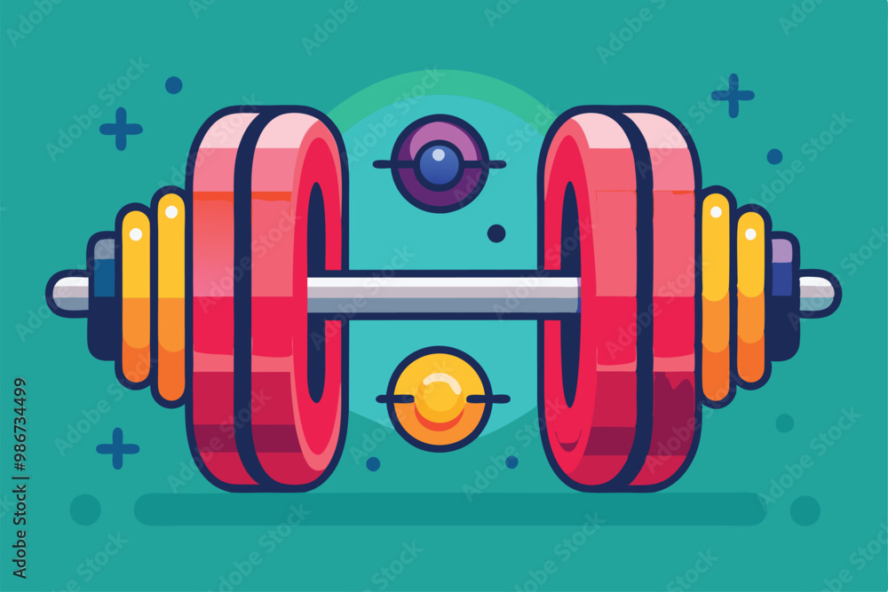 Poster a colorful illustration featuring a customizable dumbbell designed for various exercises and workout