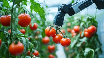 A close-up of a robotic arm harvesting ripe tomatoes in a modern smart farm greenhouse