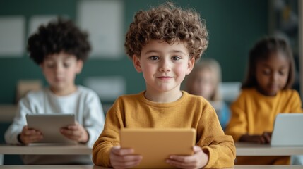 Happy Boy Using Tablet In Classroom With Other Children