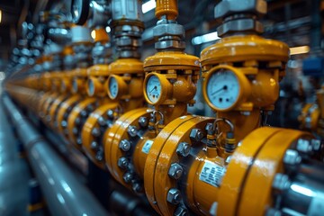 Gas infrastructure  yellow pipes and sensors in metal cabinet for propane supply to factory