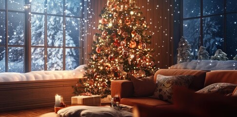 Obraz premium Cozy Christmas living room with a decorated tree, warm fire, and stockings, perfect for holiday warmth and festive spirit.