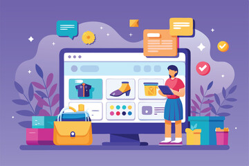 A user interacts with a colorful ecommerce web page featuring customizable options and various products, Customizable ecommerce web page with disproportionate illustration.