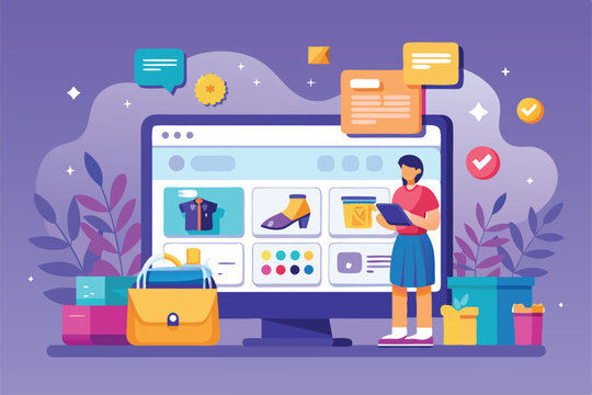 A user interacts with a colorful ecommerce web page featuring customizable options and various products, Customizable ecommerce web page with disproportionate illustration.