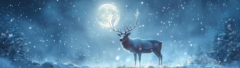 A serene winter scene featuring a majestic deer under a glowing moon in a snowy landscape, evoking a sense of tranquility and beauty.