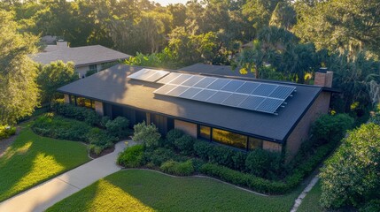 Naklejka premium A Modern Eco-Friendly Home With Solar Panels Basking in the Sun Amid a Vibrant Green Neighborhood. Generative AI