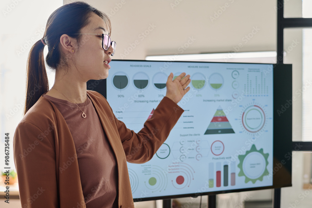 Poster Asian woman demonstrating data insights with interactive charts on screen during business presentation showing engagement and expertise in explaining complex information