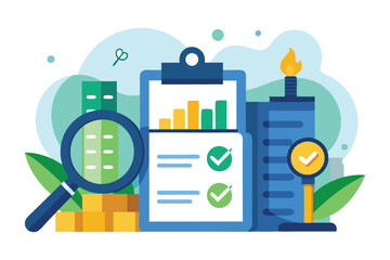 A design illustrating customizable environmental audits featuring tools, metrics, and sustainability indicators, Customizable environmental audit with semi flat illustration.